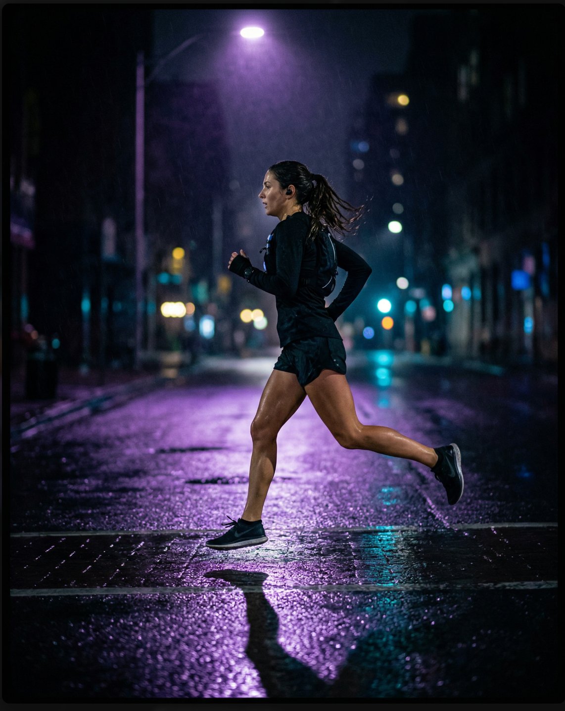 Runner mid-stride on a rain-slicked city street at night, lit by violet streetlight with teal reflections