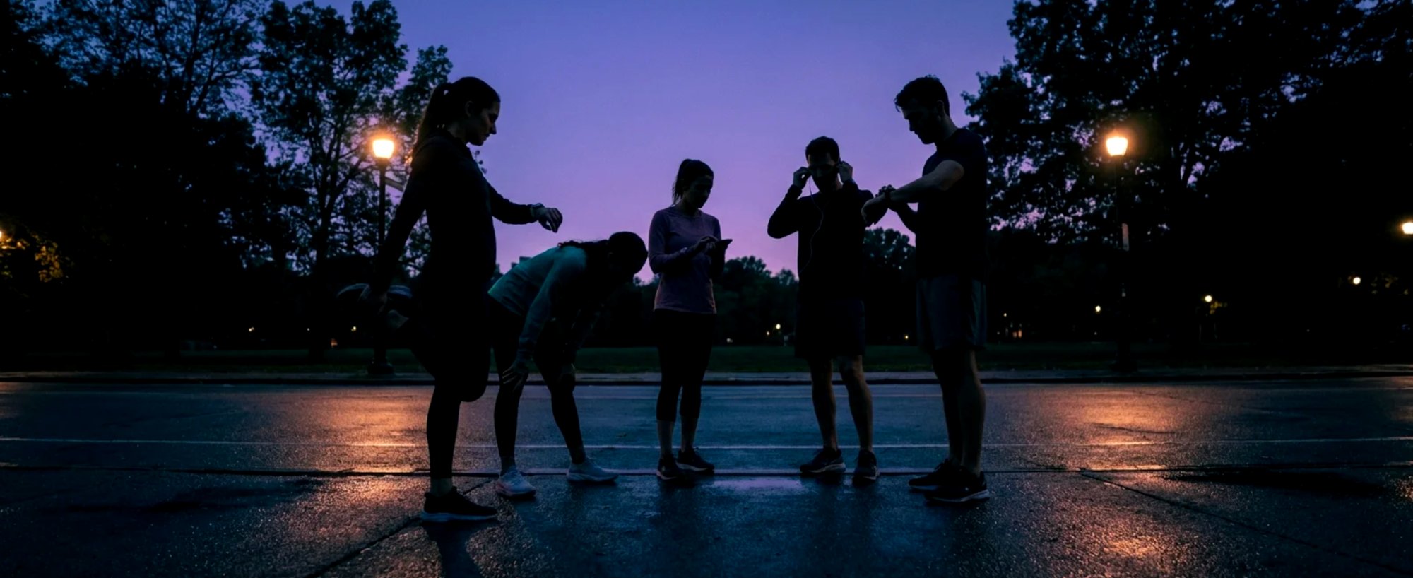 Group of runners preparing to run together at dusk in a park, silhouetted against a violet sky